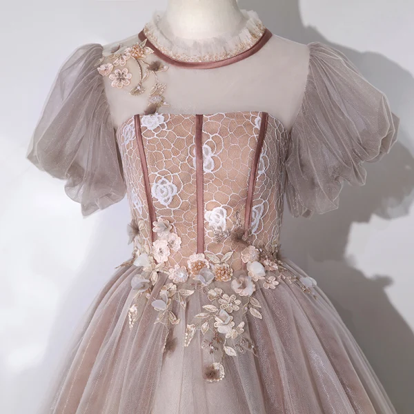 Vintage / Retro Champagne See-through Dancing Prom Dresses 2020 Ball Gown High Neck Puffy Short Sleeve Appliques Lace Beading Floor-Length / Long Ruffle Backless Formal Dresses