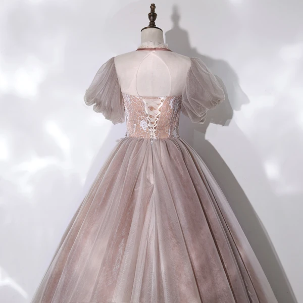 Vintage / Retro Champagne See-through Dancing Prom Dresses 2020 Ball Gown High Neck Puffy Short Sleeve Appliques Lace Beading Floor-Length / Long Ruffle Backless Formal Dresses