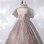 Vintage / Retro Champagne See-through Dancing Prom Dresses 2020 Ball Gown High Neck Puffy Short Sleeve Appliques Lace Beading Floor-Length / Long Ruffle Backless Formal Dresses