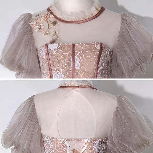 Vintage / Retro Champagne See-through Dancing Prom Dresses 2020 Ball Gown High Neck Puffy Short Sleeve Appliques Lace Beading Floor-Length / Long Ruffle Backless Formal Dresses