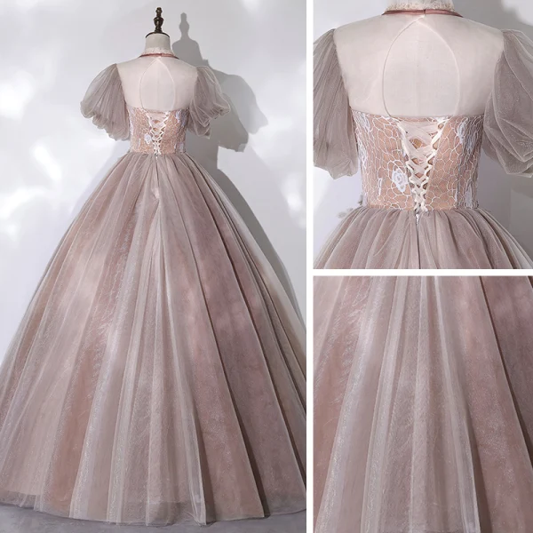 Vintage / Retro Champagne See-through Dancing Prom Dresses 2020 Ball Gown High Neck Puffy Short Sleeve Appliques Lace Beading Floor-Length / Long Ruffle Backless Formal Dresses