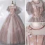 Vintage / Retro Champagne See-through Dancing Prom Dresses 2020 Ball Gown High Neck Puffy Short Sleeve Appliques Lace Beading Floor-Length / Long Ruffle Backless Formal Dresses