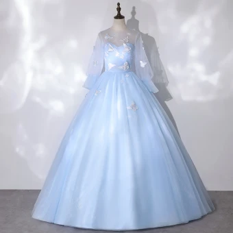 Fée Des Fleurs Bleu Ciel Transparentes Dansant Robe De Bal 2020 Robe Boule Encolure Dégagée Gonflée Manches Longues Papillon Appliques En Dentelle Longue Volants