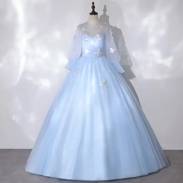 Flower Fairy Sky Blue See-through Dancing Prom Dresses 2020 Ball Gown Scoop Neck Puffy Long Sleeve Butterfly Appliques Lace Floor-Length / Long Ruffle