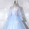 Flower Fairy Sky Blue See-through Dancing Prom Dresses 2020 Ball Gown Scoop Neck Puffy Long Sleeve Butterfly Appliques Lace Floor-Length / Long Ruffle