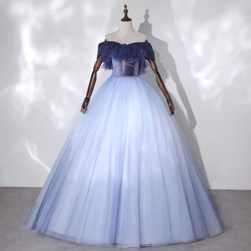 Fashion Sky Blue Dancing Prom Dresses 2020 Ball Gown Off The Shoulder Short Sleeve Beading Glitter Tulle Floor Length Long Ruffle Backless Formal Dresses