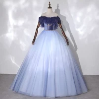 Moda Azul Cielo Bailando Vestidos de gala 2020 Ball Gown Fuera Del Hombro Manga Corta Rebordear Glitter Tul Largos Ruffle Sin Espalda Vestidos Formales