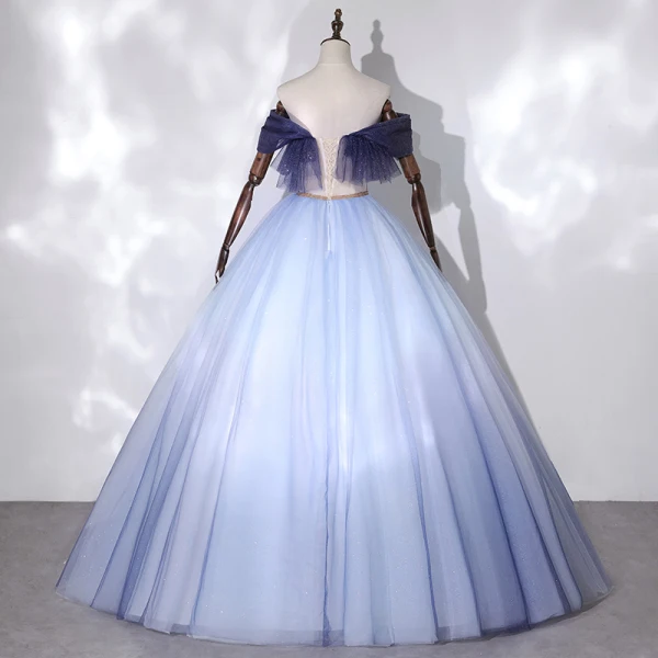 Fashion Sky Blue Dancing Prom Dresses 2020 Ball Gown Off-The-Shoulder Short Sleeve Beading Glitter Tulle Floor-Length / Long Ruffle Backless Formal Dresses