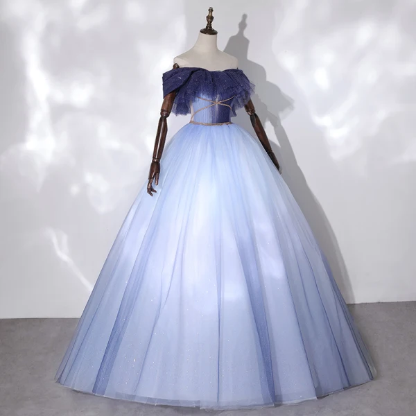 Fashion Sky Blue Dancing Prom Dresses 2020 Ball Gown Off-The-Shoulder Short Sleeve Beading Glitter Tulle Floor-Length / Long Ruffle Backless Formal Dresses