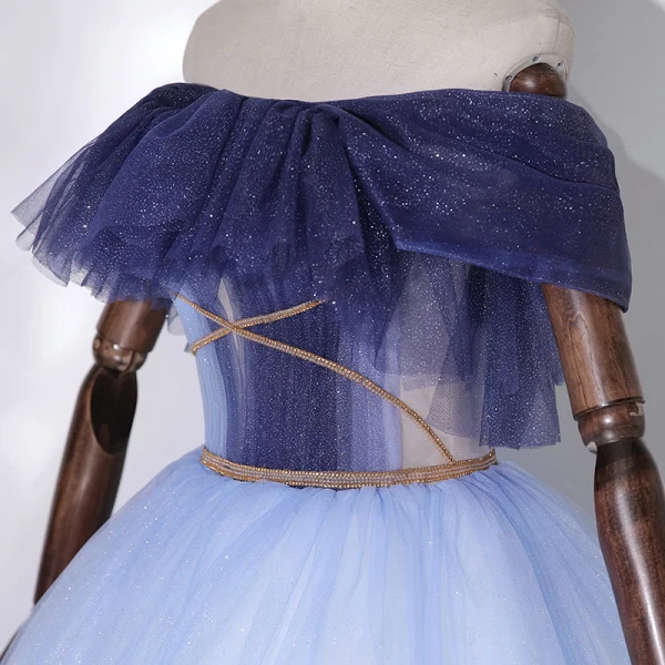 Fashion Sky Blue Dancing Prom Dresses 2020 Ball Gown Off-The-Shoulder Short Sleeve Beading Glitter Tulle Floor-Length / Long Ruffle Backless Formal Dresses