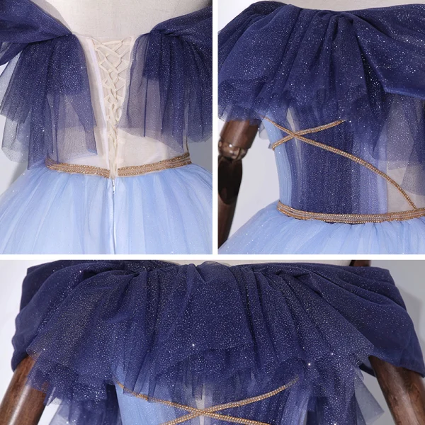 Fashion Sky Blue Dancing Prom Dresses 2020 Ball Gown Off-The-Shoulder Short Sleeve Beading Glitter Tulle Floor-Length / Long Ruffle Backless Formal Dresses