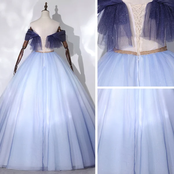 Fashion Sky Blue Dancing Prom Dresses 2020 Ball Gown Off-The-Shoulder Short Sleeve Beading Glitter Tulle Floor-Length / Long Ruffle Backless Formal Dresses