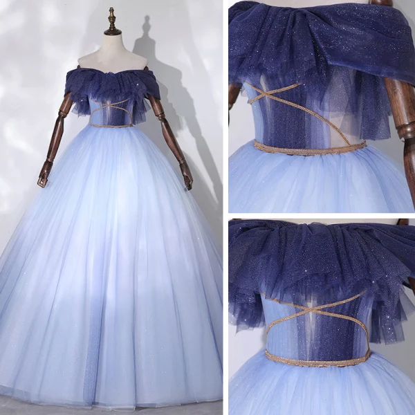 Fashion Sky Blue Dancing Prom Dresses 2020 Ball Gown Off-The-Shoulder Short Sleeve Beading Glitter Tulle Floor-Length / Long Ruffle Backless Formal Dresses