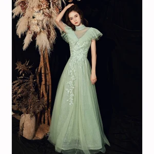 Elegant Lime Grønn Gjennomsiktig Dancing Ballkjoler 2020 Prinsesse Høy Hals Korte Ermer Appliques Blonder Beading Glitter Tyll Lange Buste Ryggløse Formelle Kjoler