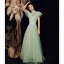 Elegant Mint Green See-through Dancing Prom Dresses 2020 A-Line / Princess High Neck Short Sleeve Appliques Lace Beading Glitter Tulle Floor-Length / Long Ruffle Backless Formal Dresses