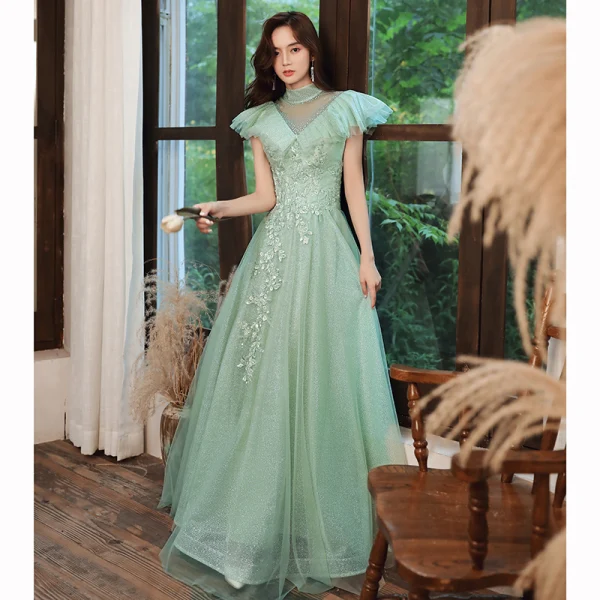 Elegant Mint Green See-through Dancing Prom Dresses 2020 A-Line / Princess High Neck Short Sleeve Appliques Lace Beading Glitter Tulle Floor-Length / Long Ruffle Backless Formal Dresses