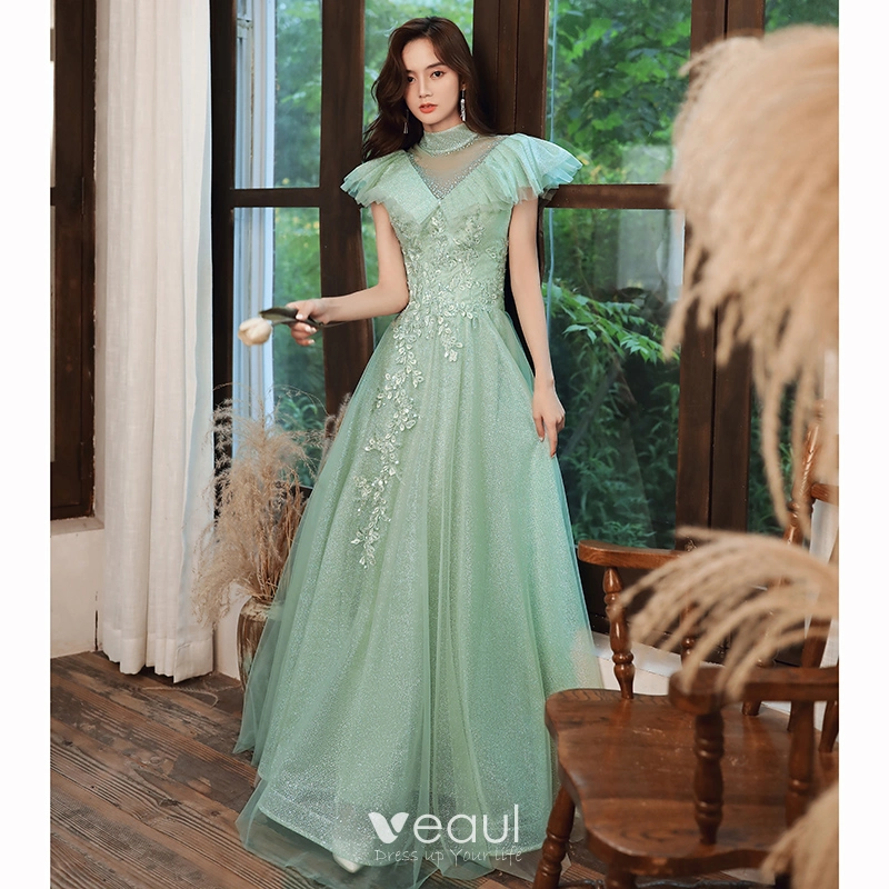 Mint Green Knee Length Dress with Lace Sleeves