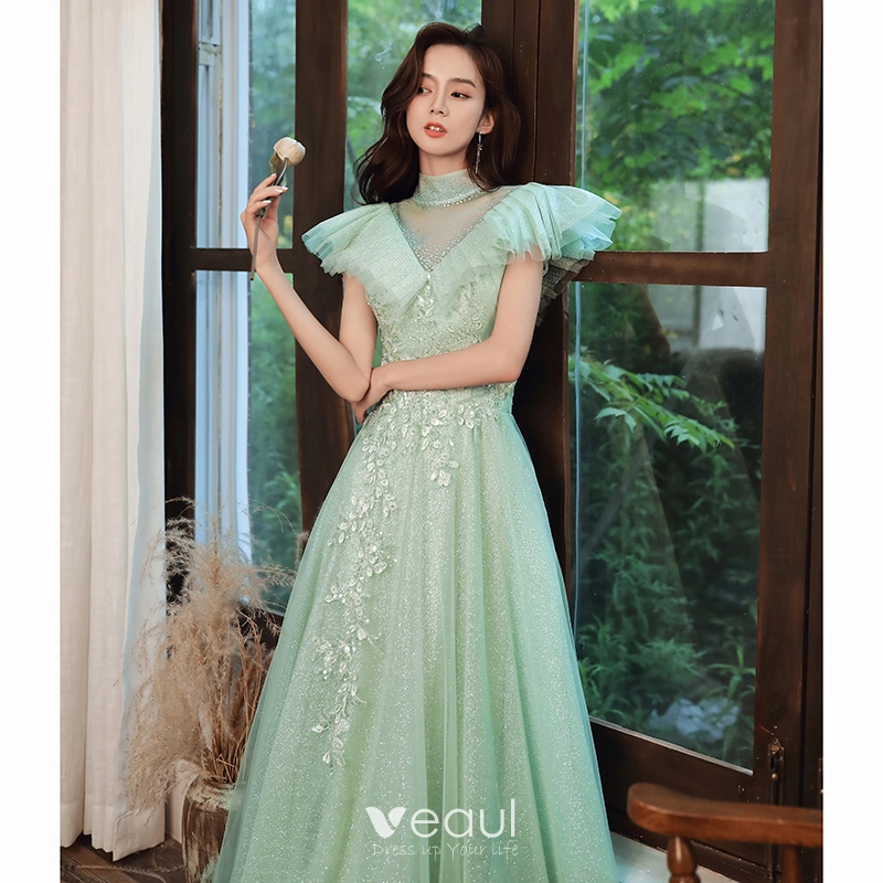 Elegant Mint Green See-through Dancing Prom Dresses 2020 A-Line