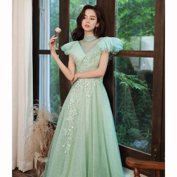 Elegant Mint Green See-through Dancing Prom Dresses 2020 A-Line / Princess High Neck Short Sleeve Appliques Lace Beading Glitter Tulle Floor-Length / Long Ruffle Backless Formal Dresses
