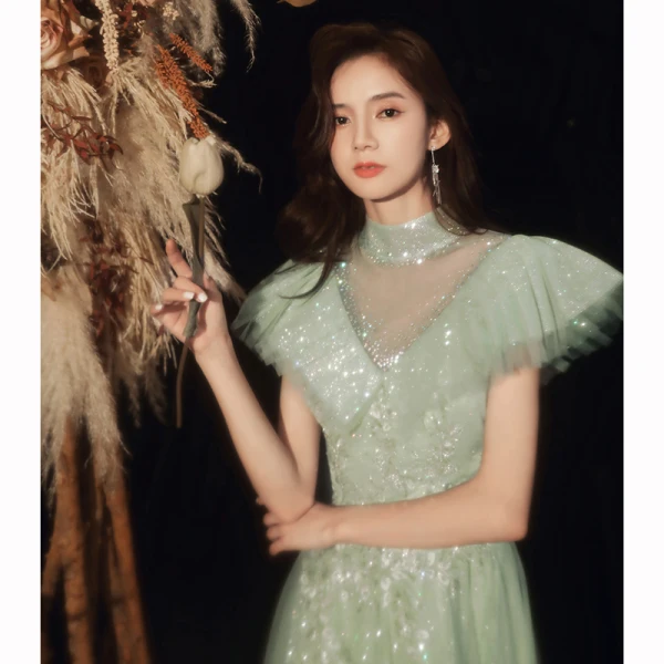 Elegant Mint Green See-through Dancing Prom Dresses 2020 A-Line / Princess High Neck Short Sleeve Appliques Lace Beading Glitter Tulle Floor-Length / Long Ruffle Backless Formal Dresses