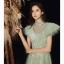 Elegant Mint Green See-through Dancing Prom Dresses 2020 A-Line / Princess High Neck Short Sleeve Appliques Lace Beading Glitter Tulle Floor-Length / Long Ruffle Backless Formal Dresses