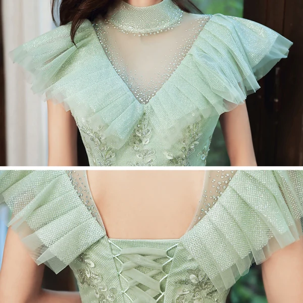 Elegant Mint Green See-through Dancing Prom Dresses 2020 A-Line / Princess High Neck Short Sleeve Appliques Lace Beading Glitter Tulle Floor-Length / Long Ruffle Backless Formal Dresses