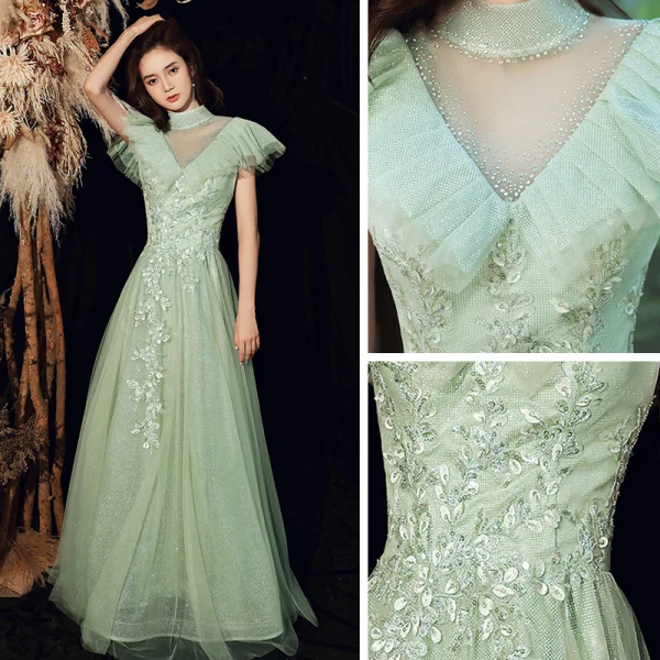 Elegant Mint Green See-through Dancing Prom Dresses 2020 A-Line / Princess High Neck Short Sleeve Appliques Lace Beading Glitter Tulle Floor-Length / Long Ruffle Backless Formal Dresses