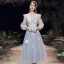 Best Grey See-through Homecoming Graduation Dresses 2020 A-Line / Princess Scoop Neck Puffy 3/4 Sleeve Appliques Lace Beading Tea-length Ruffle Backless