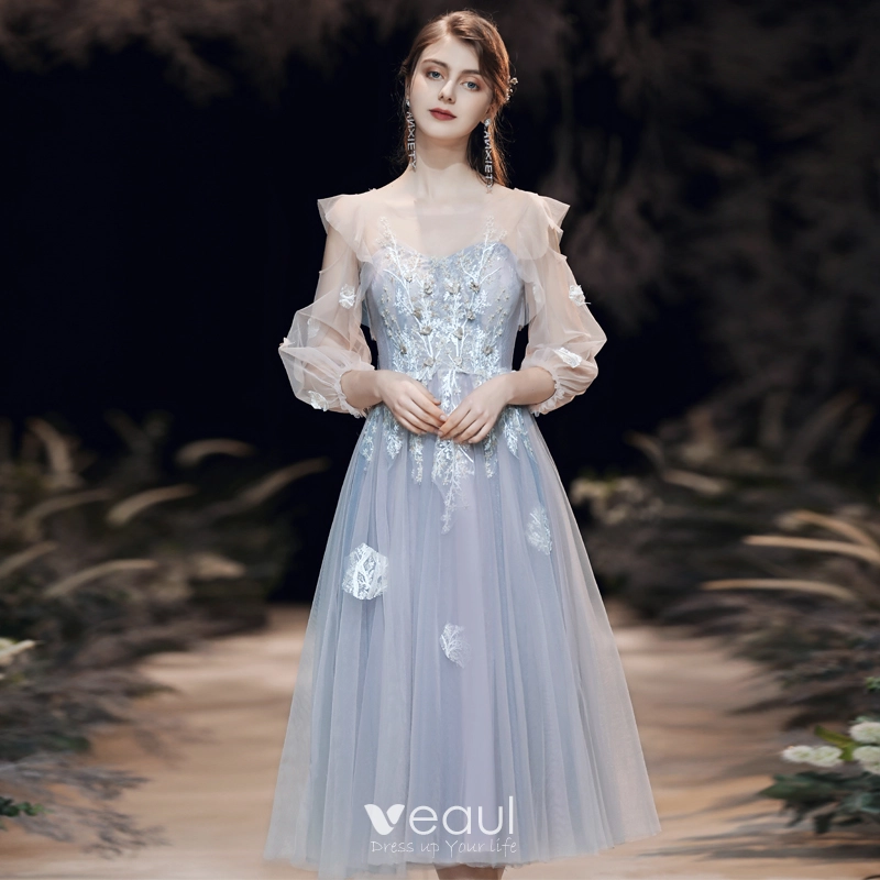 Best Grey See-through Homecoming Graduation Dresses 2020 A-Line / Princess Scoop Neck Puffy 3/4 Sleeve Appliques Lace Beading Tea-length Ruffle Backless Best Grey See-through Homecoming Graduation Dresses 2020 A-Line / Princess Scoop Neck Puffy 3/4 Sleeve Appliques Lace Beading Tea-length Ruffle Backless