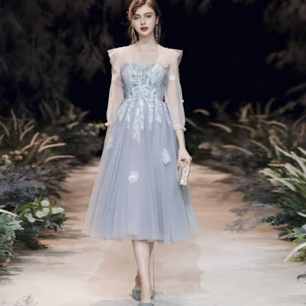 Best Grey See-through Homecoming Graduation Dresses 2020 A-Line Princess Scoop Neck 3/4