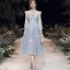 Best Grey See-through Homecoming Graduation Dresses 2020 A-Line / Princess Scoop Neck Puffy 3/4 Sleeve Appliques Lace Beading Tea-length Ruffle Backless