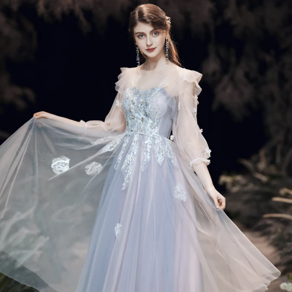 Best Grey See-through Homecoming Graduation Dresses 2020 A-Line / Princess Scoop Neck Puffy 3/4 Sleeve Appliques Lace Beading Tea-length Ruffle Backless