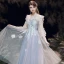 Best Grey See-through Homecoming Graduation Dresses 2020 A-Line / Princess Scoop Neck Puffy 3/4 Sleeve Appliques Lace Beading Tea-length Ruffle Backless