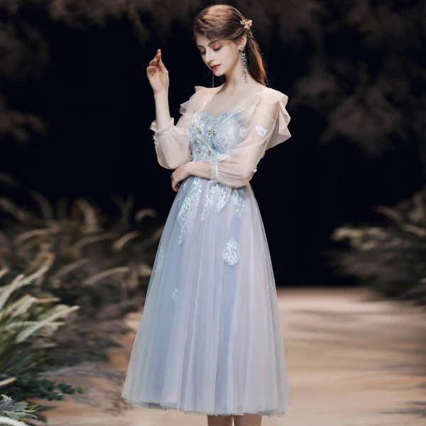 Best Grey See-through Homecoming Graduation Dresses 2020 A-Line / Princess Scoop Neck Puffy 3/4 Sleeve Appliques Lace Beading Tea-length Ruffle Backless
