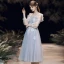 Best Grey See-through Homecoming Graduation Dresses 2020 A-Line / Princess Scoop Neck Puffy 3/4 Sleeve Appliques Lace Beading Tea-length Ruffle Backless