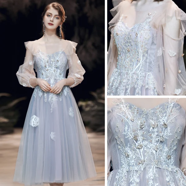 Best Grey See-through Homecoming Graduation Dresses 2020 A-Line / Princess Scoop Neck Puffy 3/4 Sleeve Appliques Lace Beading Tea-length Ruffle Backless