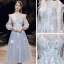 Best Grey See-through Homecoming Graduation Dresses 2020 A-Line / Princess Scoop Neck Puffy 3/4 Sleeve Appliques Lace Beading Tea-length Ruffle Backless