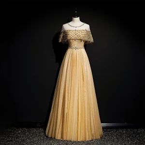 Haut De Gamme Doré Transparentes Dansant Robe De Bal 2020 Princesse Encolure Dégagée Manches Courtes Paillettes Perlage Longue Volants Dos Nu Robe De Ceremonie