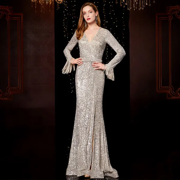 Affordable Silver Sequins Evening Dresses  2020 Trumpet / Mermaid V-Neck Long Sleeve Beading Tassel Sash Split Front Floor-Length / Long Ruffle Formal Dresses
