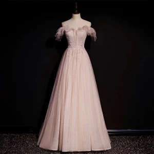 Haut De Gamme Perle Rose Dansant Robe De Bal 2020 Princesse De L 039 Épaule Manches Courtes Paillettes Perlage Glitter Tulle Longue Volants Dos Nu Robe De Ceremonie