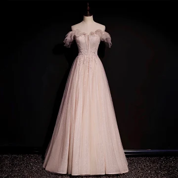 Haut De Gamme Perle Rose Dansant Robe De Bal 2020 Princesse De L 039 Épaule Manches Courtes Paillettes Perlage Glitter Tulle Longue Volants Dos Nu Robe De Ceremonie