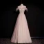 High-end Pearl Pink Dancing Prom Dresses 2020 A-Line / Princess Off-The-Shoulder Short Sleeve Sequins Beading Glitter Tulle Floor-Length / Long Ruffle Backless Formal Dresses