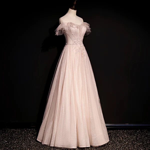 High-end Pearl Pink Dancing Prom Dresses 2020 A-Line / Princess Off-The-Shoulder Short Sleeve Sequins Beading Glitter Tulle Floor-Length / Long Ruffle Backless Formal Dresses