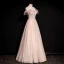 High-end Pearl Pink Dancing Prom Dresses 2020 A-Line / Princess Off-The-Shoulder Short Sleeve Sequins Beading Glitter Tulle Floor-Length / Long Ruffle Backless Formal Dresses