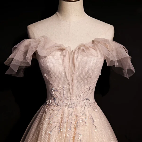 High-end Pearl Pink Dancing Prom Dresses 2020 A-Line / Princess Off-The-Shoulder Short Sleeve Sequins Beading Glitter Tulle Floor-Length / Long Ruffle Backless Formal Dresses