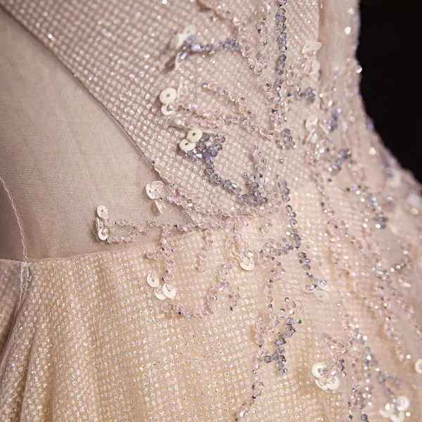 High-end Pearl Pink Dancing Prom Dresses 2020 A-Line / Princess Off-The-Shoulder Short Sleeve Sequins Beading Glitter Tulle Floor-Length / Long Ruffle Backless Formal Dresses
