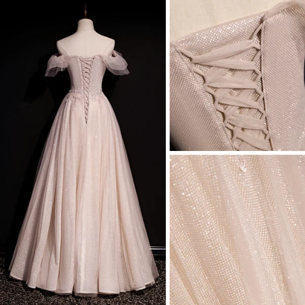 High-end Pearl Pink Dancing Prom Dresses 2020 A-Line / Princess Off-The-Shoulder Short Sleeve Sequins Beading Glitter Tulle Floor-Length / Long Ruffle Backless Formal Dresses