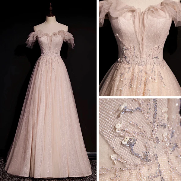 High-end Pearl Pink Dancing Prom Dresses 2020 A-Line / Princess Off-The-Shoulder Short Sleeve Sequins Beading Glitter Tulle Floor-Length / Long Ruffle Backless Formal Dresses