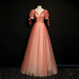 Haut De Gamme Watermelon Rouge Dansant Robe De Bal 2020 Princesse Col V Profond Gonflée Manches Courtes Perlage Glitter Tulle Longue Volants Dos Nu Robe De Ceremonie