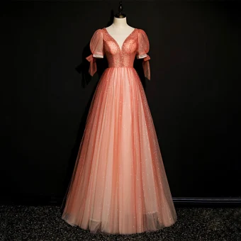 Haut De Gamme Watermelon Rouge Dansant Robe De Bal 2020 Princesse Col V Profond Gonflée Manches Courtes Perlage Glitter Tulle Longue Volants Dos Nu Robe De Ceremonie